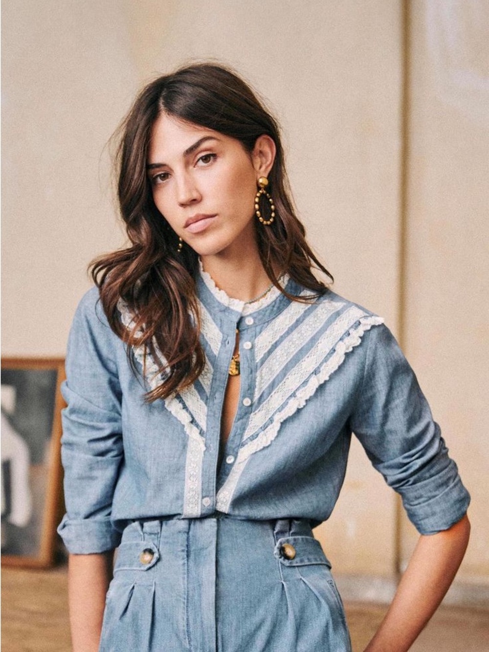 Sezane Laure Light Blue Denim Button-Down Shirt with Lace Yoke